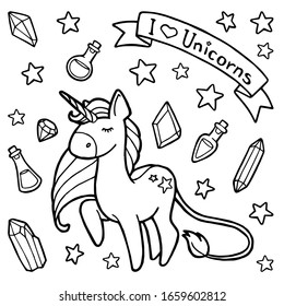  Ilustración vectorial. Dibujo manual. Caricatura unicornio. Artículos mágicos. Cristales, estrellas, corazones, elixires. La inscripción "Me encantan los unicornios". Aislado en blanco. Página colorear. Carácter lindo. El p original