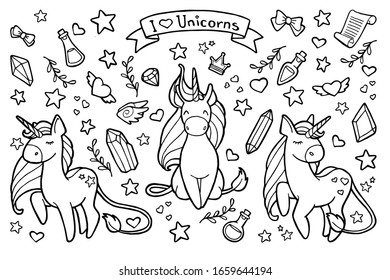 Vector illustration. Hand drawing. Cartoon unicorn. Magical items. Crystals, stars, hearts, elixirs. The inscription "I love unicorns." Isolated on white. Coloring page. Cute character. 