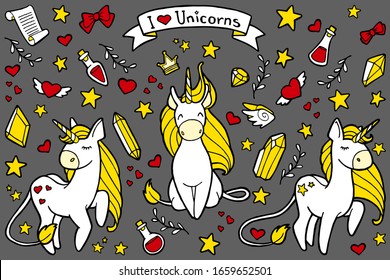 Vector illustration. Hand drawing. Cartoon unicorns. Magical items. Crystals, stars, hearts, elixirs. The inscription "I love unicorns." White, red and yellow (gold). Isolated. Cute character.