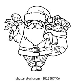 Vector illustration. Hand drawing cartoon character. Santa claus with gifts. Christmas illustration. Coloring page. Postcard Happy New Year and Merry Christmas.