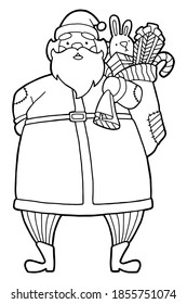 Vector illustration. Hand drawing cartoon character. Santa claus with gifts. Christmas illustration. Coloring page. Postcard Happy New Year and Merry Christmas.