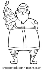 Vector illustration. Hand drawing cartoon character. Santa Claus with a Christmas tree. Christmas illustrations. Coloring page. Merry Christmas and Happy New Year greeting card.