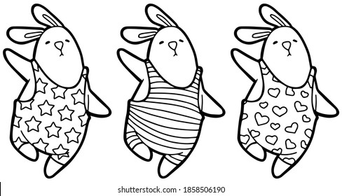 Vector illustration. Hand drawing cartoon characters. Dancing rabbits. Ballerinas in different costumes. Coloring page. Black line.