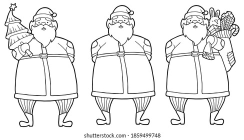 Vector illustration. Hand drawing cartoon character. Santa Claus with a Christmas tree and gifts. Christmas illustrations. Merry Christmas and Happy New Year greeting card. Coloring page.