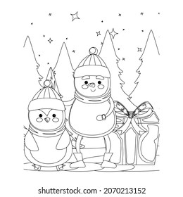 Vektorgrafik. Handzeichner Cartoon-Charakter. Weihnachtsmann mit Geschenken. Weihnachtsgrafik. Farbseite. Postcard Glückliches neues Jahr und frohe Weihnachten.