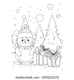 Vector illustration. Hand drawing cartoon character. Santa Claus with gifts. Christmas illustration. Coloring page. Postcard Happy New Year and Merry Christmas.