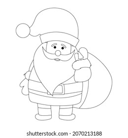 Vector illustration. Hand drawing cartoon character. Santa Claus with gifts. Christmas illustration. Coloring page. Postcard Happy New Year and Merry Christmas.