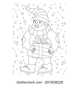 Vector illustration. Hand drawing cartoon character. Santa Claus with gifts. Christmas illustration. Coloring page. Postcard Happy New Year and Merry Christmas.