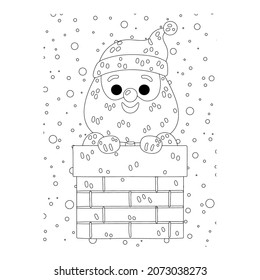 Vector illustration. Hand drawing cartoon character. Santa Claus with gifts. Christmas illustration. Coloring page. Postcard Happy New Year and Merry Christmas.