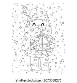 Vector illustration. Hand drawing cartoon character. Santa Claus with gifts. Christmas illustration. Coloring page. Postcard Happy New Year and Merry Christmas.