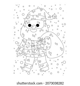 Vector illustration. Hand drawing cartoon character. Santa Claus with gifts. Christmas illustration. Coloring page. Postcard Happy New Year and Merry Christmas.