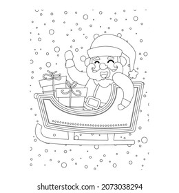 Vector illustration. Hand drawing cartoon character. Santa Claus with gifts. Christmas illustration. Coloring page. Postcard Happy New Year and Merry Christmas.
