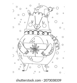 Vektorgrafik. Handzeichner Cartoon-Charakter. Weihnachtsmann mit Geschenken. Weihnachtsgrafik. Farbseite. Postcard Glückliches neues Jahr und frohe Weihnachten.