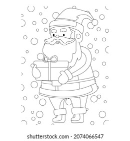 Vector illustration. Hand drawing cartoon character. Santa Claus with gifts. Christmas illustration. Coloring page. Postcard Happy New Year and Merry Christmas.