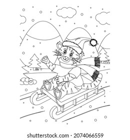Vector illustration. Hand drawing cartoon character. Santa Claus with gifts. Christmas illustration. Coloring page. Postcard Happy New Year and Merry Christmas.