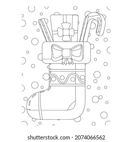 Vector illustration. Hand drawing cartoon character. Santa Claus with gifts. Christmas illustration. Coloring page. Postcard Happy New Year and Merry Christmas.