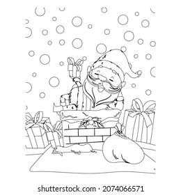 Vector illustration. Hand drawing cartoon character. Santa Claus with gifts. Christmas illustration. Coloring page. Postcard Happy New Year and Merry Christmas.