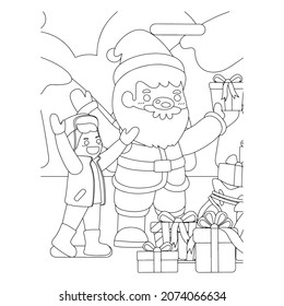 Ilustración vectorial. Personaje de dibujo a mano. Papá Noel con regalos. Ilustración navideña. Colorido de la página. Postcard Feliz Año Nuevo y Feliz Navidad.