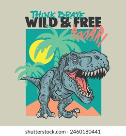 Vector illustration of Hand drawing cartoon dinosaur and palms. For Boys t shirt.