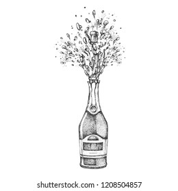 Vector illustration of hand drawing champagne bottle with splash