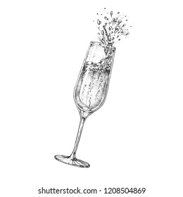 Vector illustration of hand drawing champagne glass with splash