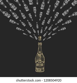 Vector illustration of hand drawing champagne bottle with splash