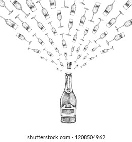 Vector illustration of hand drawing champagne bottle with splash