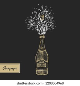 Vector illustration of hand drawing champagne bottle with splash