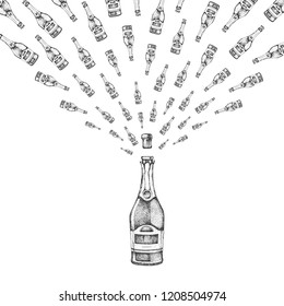 Vector illustration of hand drawing champagne bottle with splash
