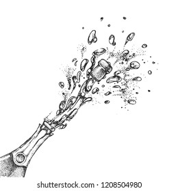 Vector illustration of hand drawing champagne bottle with splash