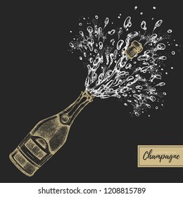 Vector illustration of hand drawing champagne bottle with splash