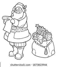 Ilustración vectorial. Carácter de dibujo manual. Colorido de la página. Santa Claus está leyendo la lista. Bolsa con regalos de Año Nuevo. Ilustración navideña.