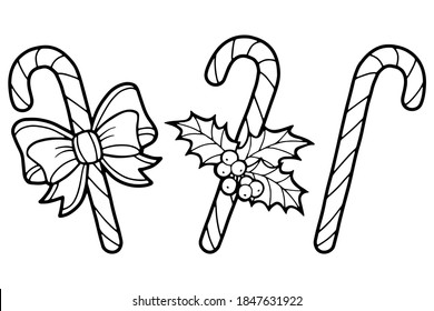 Vector illustration. Hand drawing Christmas art. Festive decorations. Coloring page. Minimalistic line art. Candy canes. Holly leaves. Bow.