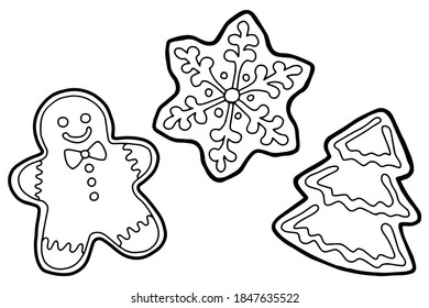 Vector illustration. Hand drawing Christmas art. Festive decorations. Coloring page. Minimalistic line art. Gingerbread.