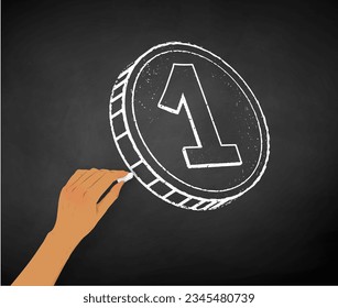 Vector illustration of hand drawing a coin with chalk on chalkboard background