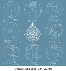 Vector illustration. Hand drawing continents: Australia, North America, South America, the Arctic, Antarctica, Africa, Europe, Asia.White on a blue background.