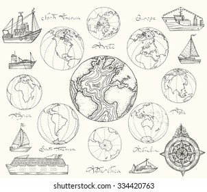 Vector illustration. Hand drawing continents: Australia, North America, South America, the Arctic, Antarctica, Africa, Europe, Asia.Black on white background.