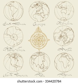 Vector illustration. Hand drawing continents: Australia, North America, South America, the Arctic, Antarctica, Africa, Europe, Asia.Brown on a light background.