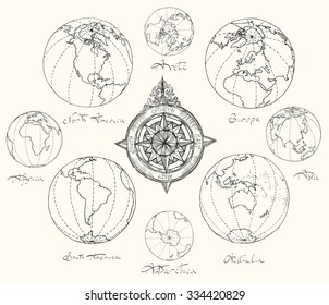 Vector illustration. Hand drawing continents: Australia, North America, South America, the Arctic, Antarctica, Africa, Europe, Asia.Black on white background.