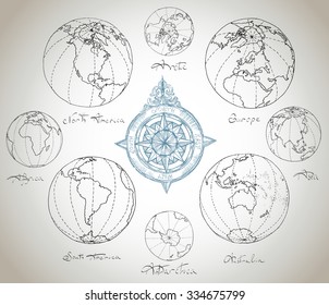 Vector illustration. Hand drawing continents: Australia, North America, South America, the Arctic, Antarctica, Africa, Europe, Asia.Blue on a light background.
