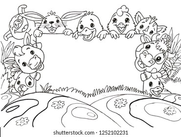 Vector illustration hand drawing of Cute doodle farm animals cartoon