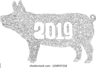 Vector illustration of hand drawing cute doodle monsters pig frame 2019 coloring book