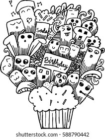 vector illustration hand drawing of cute doodle monster party