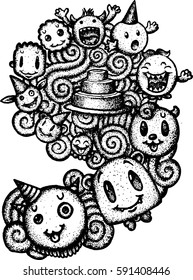 vector illustration hand drawing of cute doodle monster party cake