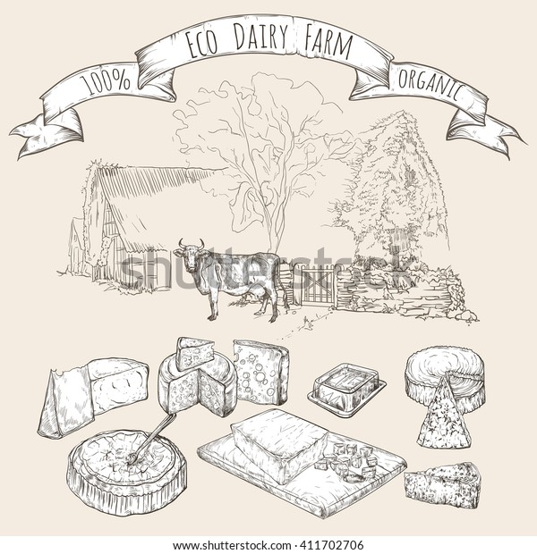 Vector Illustration Hand Drawing Dairy Farm Stock Vector (Royalty Free
