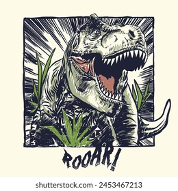 Vector illustration of Hand drawing dinosaurs and typography. For Boys t shirt.