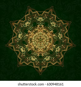 Vector illustration. Hand drawing gold star with elegant element isolated on a green background.