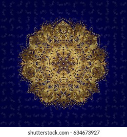 Vector illustration. Hand drawing gold mandala with elegant element isolated on a blue background.