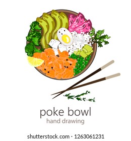 Vector illustration hand drawing Hawaiian poke bowl with rice, salmon, avocado,egg and vegetables, top view. Trendy Hawaiian food.Isolated on a white background, Vector graphics eps 10