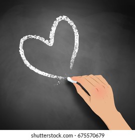 Vector illustration of hand drawing heart with chalk on blackboard background.